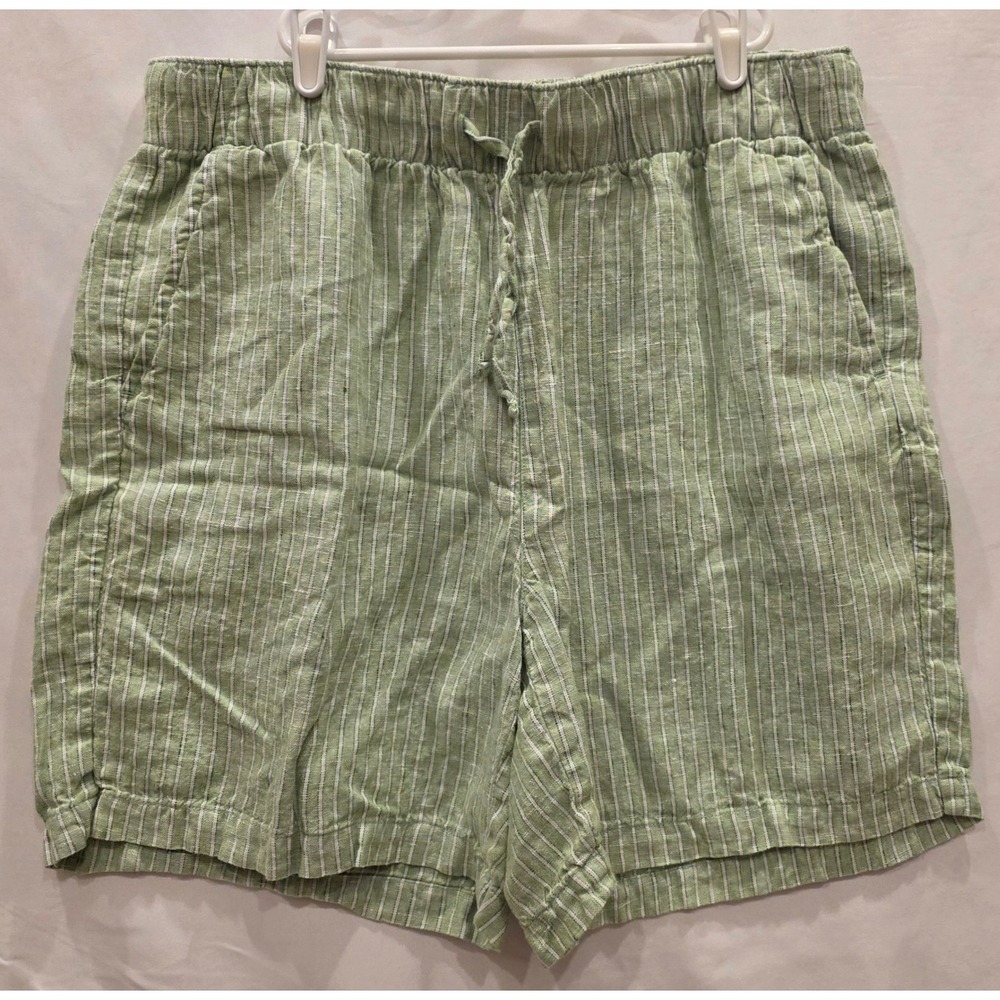 Lands End Womens High Rise 100% Linen Striped Pull On Shorts Green White Size L
